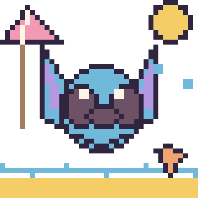 Modèle de pixel art Stitch à la plage sur une grille de 40 par 40 cases