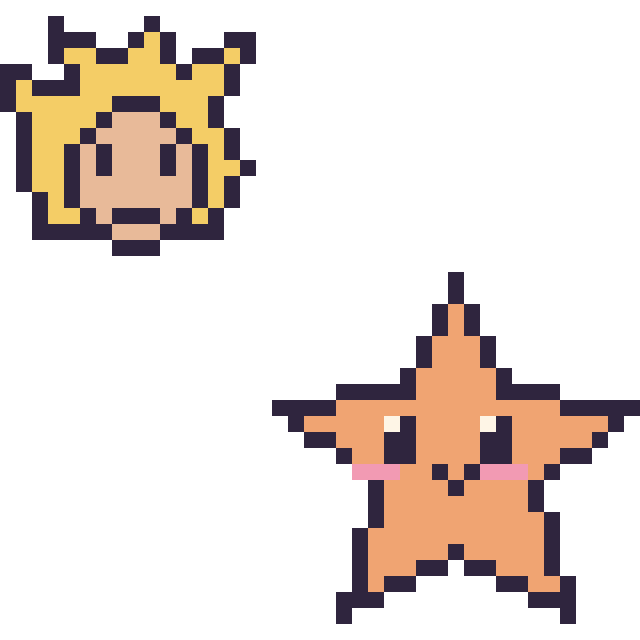 Modèle de pixel art Goku Super Saiyan mini et Étoile de mer sur une grille de 40 par 40 cases