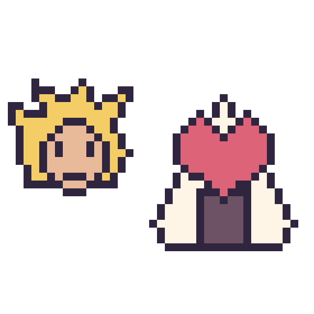 Modèle de pixel art Goku Super Saiyan mini et Onigiri avec un cœur sur une grille de 40 par 40 cases