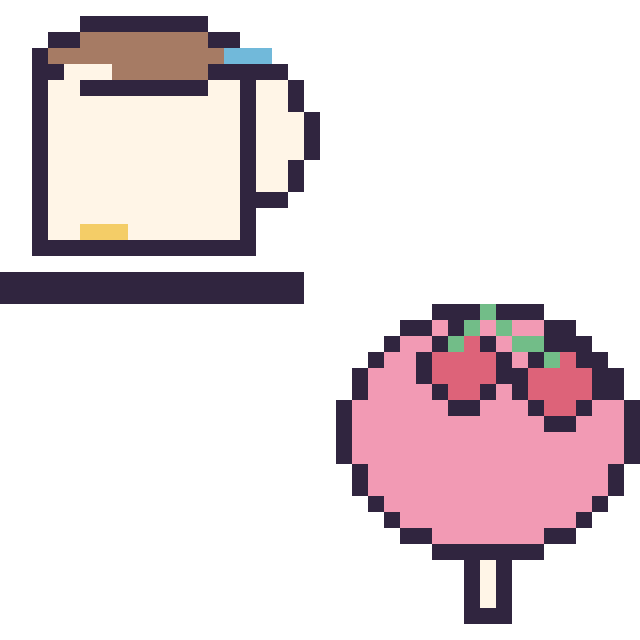 Modèle de pixel art Tasse de thé décoré et Sucette avec des cerises sur une grille de 40 par 40 cases
