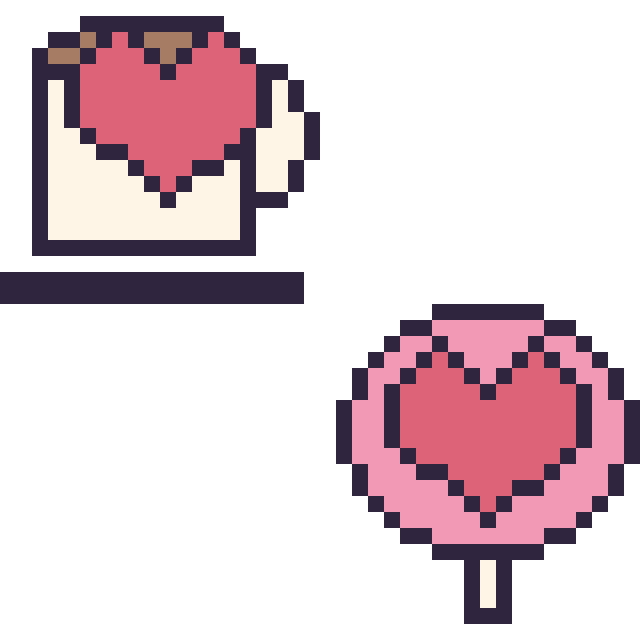 Modèle de pixel art Tasse de thé avec un cœur et Sucette avec un cœur sur une grille de 40 par 40 cases