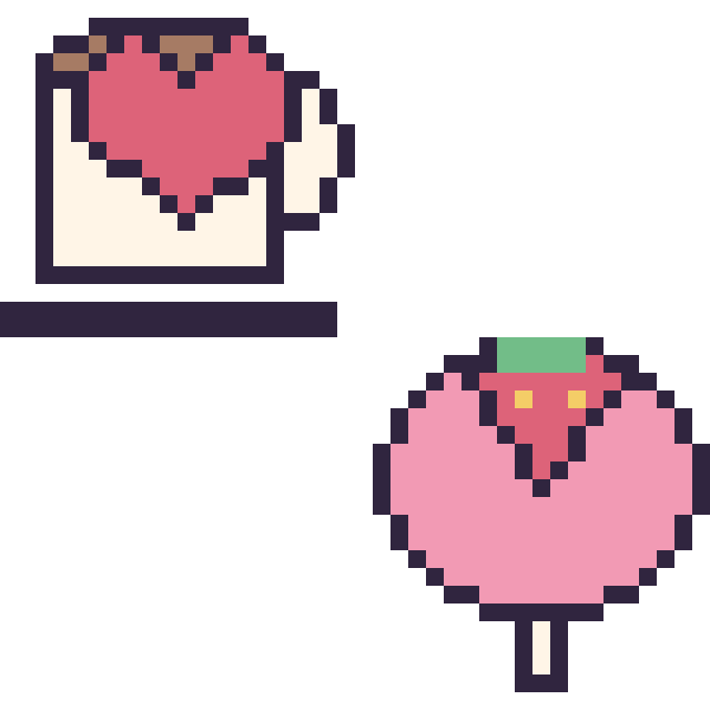 Modèle de pixel art Tasse de thé avec un cœur et Sucette avec une fraise sur une grille de 40 par 40 cases