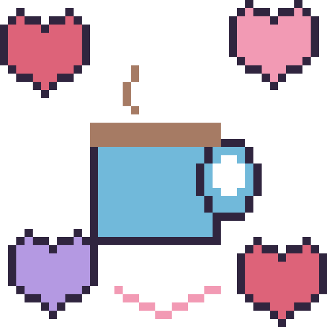 Modèle de pixel art Tasse de thé avec des cœurs sur une grille de 40 par 40 cases