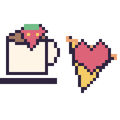 Pixel art Tasse de thé avec une fraise et Pizza avec un cœur, grille 40 × 40