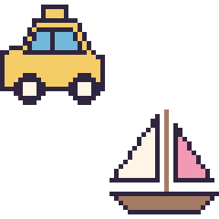 Pixel art Taxi et Voilier, grille 48 × 48