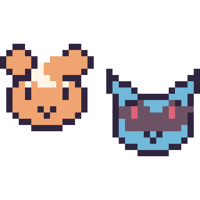 Modèle de pixel art Teddiursa mini et Lucario mini sur une grille de 32 par 32 cases
