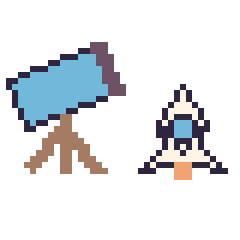 Pixel art Télescope et Fusée kawaii 16 × 16, grille 40 × 40