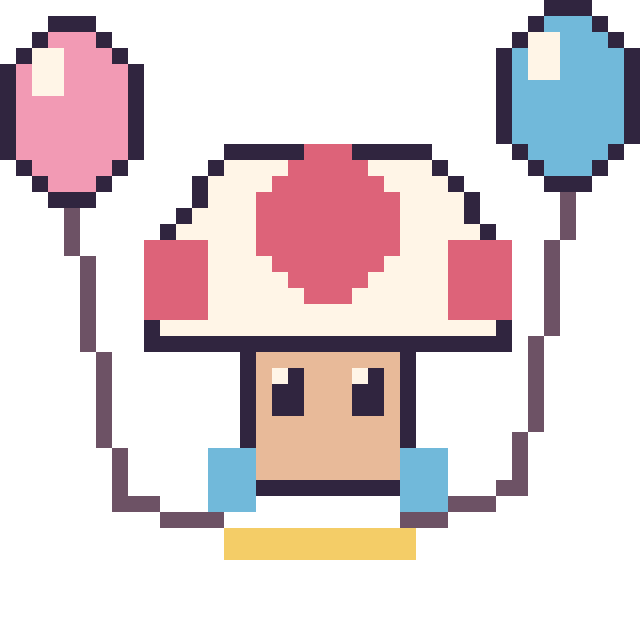 Modèle de pixel art Toad avec des ballons sur une grille de 40 par 40 cases