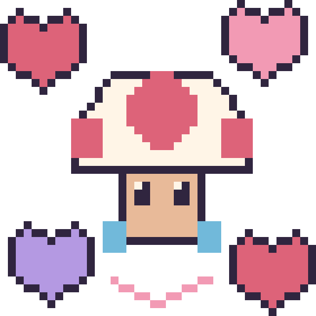 Modèle de pixel art Toad avec des cœurs sur une grille de 40 par 40 cases