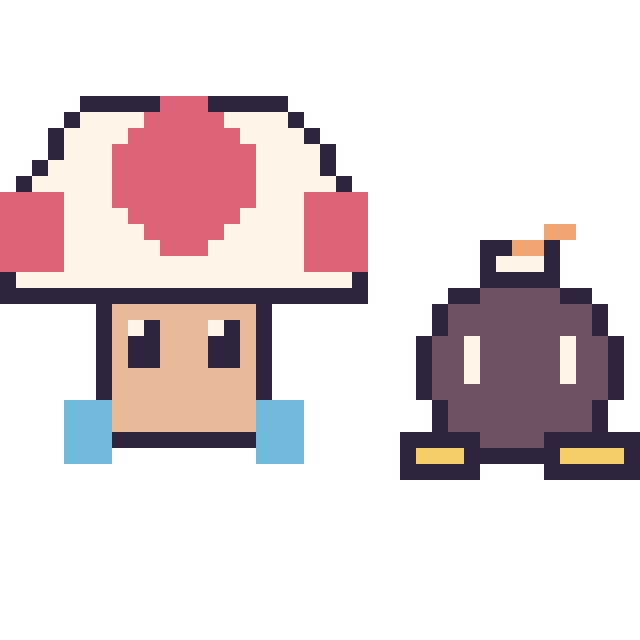 Modèle de pixel art Toad et Bob-omb mini sur une grille de 40 par 40 cases