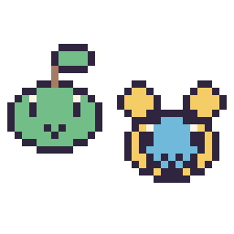 Pixel art Tortipouss mini et Wattouat mini, grille 32 × 32