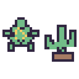 Pixel art Tortue kawaii 16 × 16 et Cactus kawaii 16 × 16, grille 32 × 32
