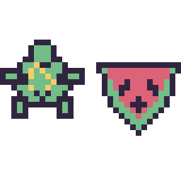 Pixel art Tortue kawaii 16 × 16 et Pastèque kawaii 16 × 16, grille 32 × 32