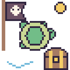 Pixel art Tortue en aventure pirate, grille 40 × 40