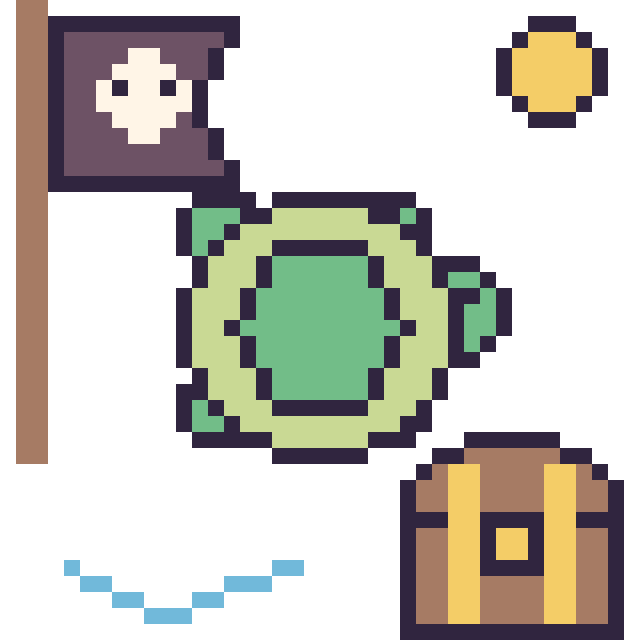 Modèle de pixel art Tortue en aventure pirate sur une grille de 40 par 40 cases