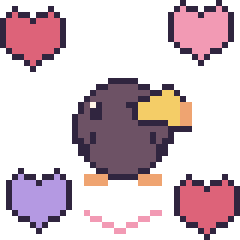 Pixel art Toucan avec des cœurs, grille 40 × 40