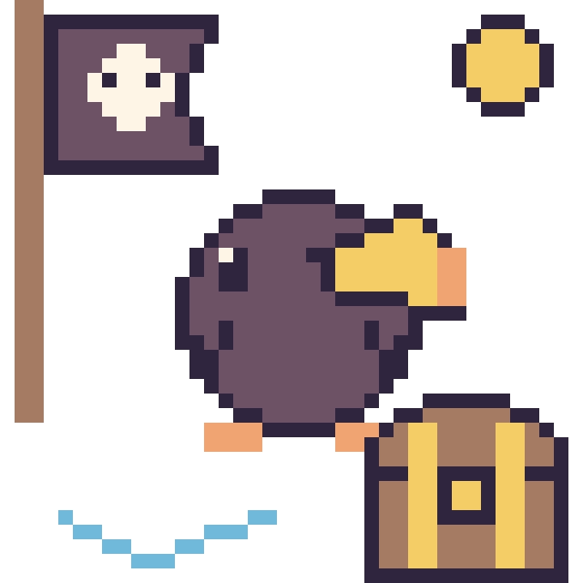 Modèle de pixel art Toucan en aventure pirate sur une grille de 40 par 40 cases