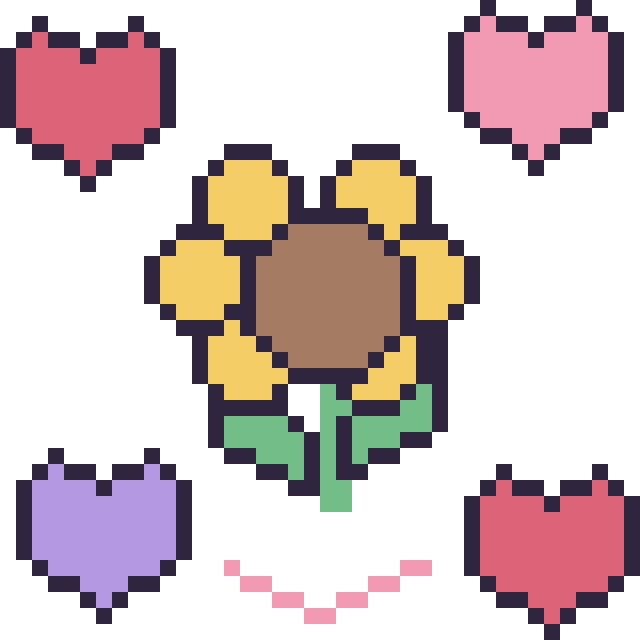 Modèle de pixel art Tournesol avec des cœurs sur une grille de 40 par 40 cases