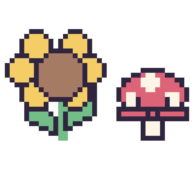 Modèle de pixel art Tournesol et Champignon kawaii 16 × 16 sur une grille de 40 par 40 cases