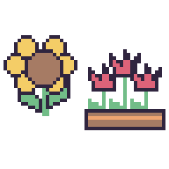 Pixel art Tournesol et Tulipe en jardinière, grille 48 × 48