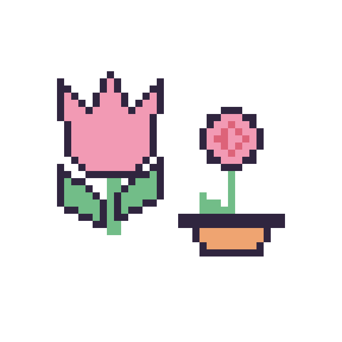 Modèle de pixel art Tulipe et Rose en pot sur une grille de 48 par 48 cases