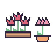 Pixel art Tulipe en jardinière et Lotus en pot, grille 48 × 48
