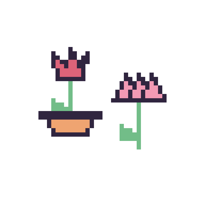 Modèle de pixel art Tulipe en pot et Lotus tige fleurie sur une grille de 48 par 48 cases