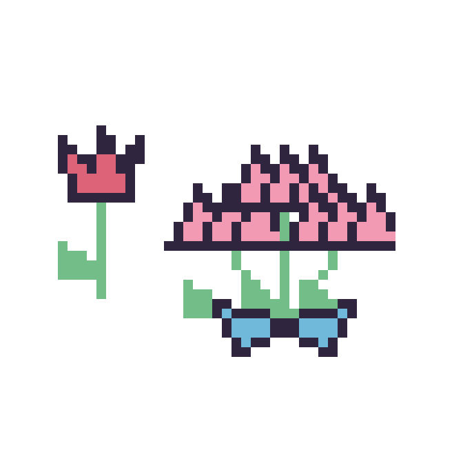 Modèle de pixel art Tulipe tige fleurie et Lotus en bouquet sur une grille de 48 par 48 cases