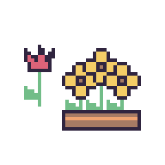 Pixel art Tulipe tige fleurie et Tournesol en jardinière, grille 48 × 48