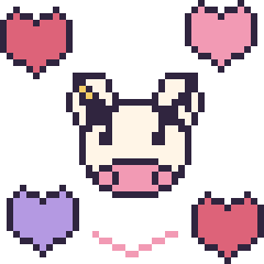 Pixel art Vache avec des cœurs, grille 40 × 40