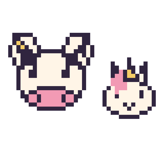 Modèle de pixel art Vache et Licorne en portrait sur une grille de 40 par 40 cases