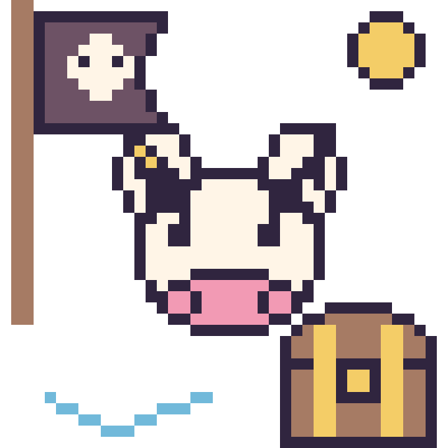 Modèle de pixel art Vache en aventure pirate sur une grille de 40 par 40 cases