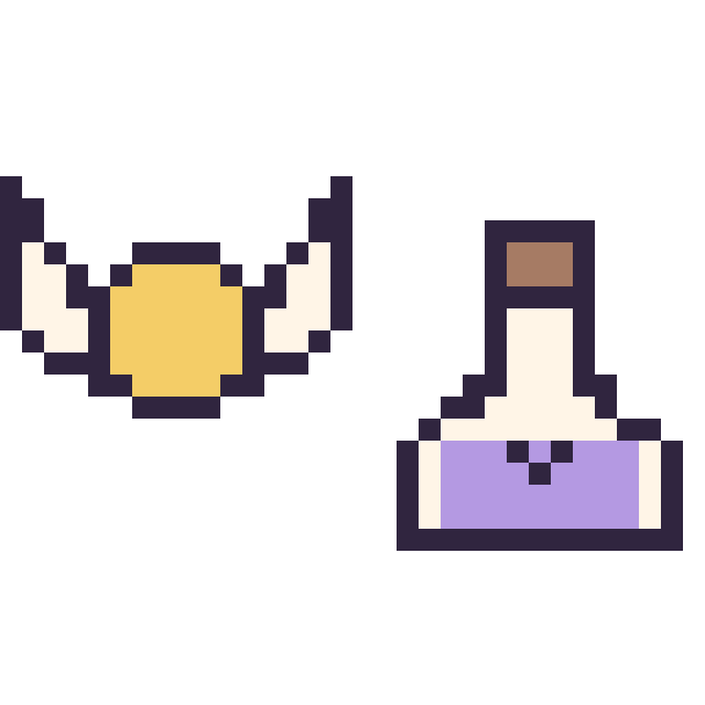 Modèle de pixel art Vif d’or mini et Potion kawaii 16 × 16 sur une grille de 32 par 32 cases