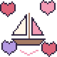 Pixel art Voilier avec des cœurs, grille 40 × 40