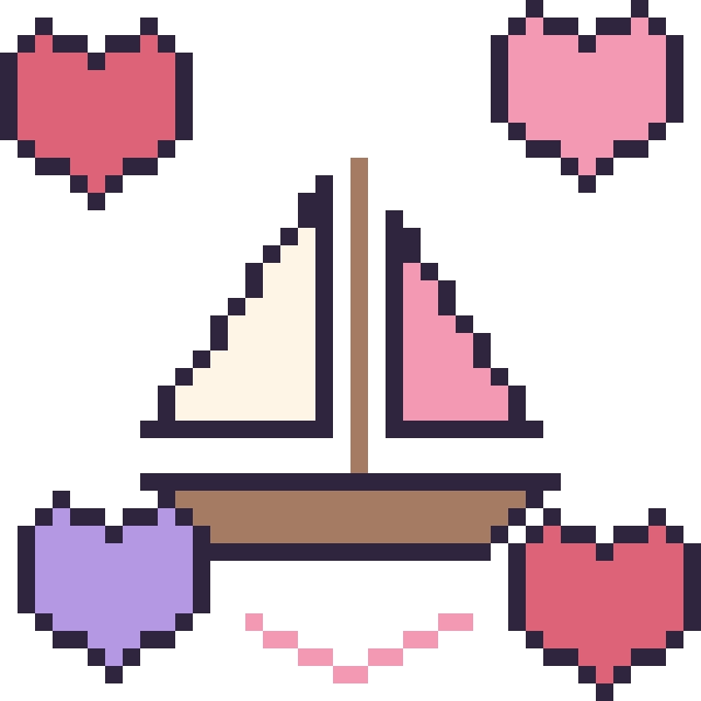 Modèle de pixel art Voilier avec des cœurs sur une grille de 40 par 40 cases
