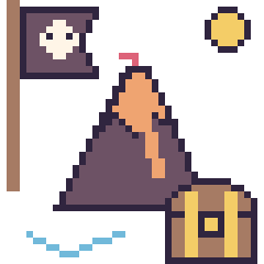 Pixel art Volcan en aventure pirate, grille 40 × 40
