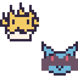Pixel art Voltali mini et Riolu mini, grille 32 × 32