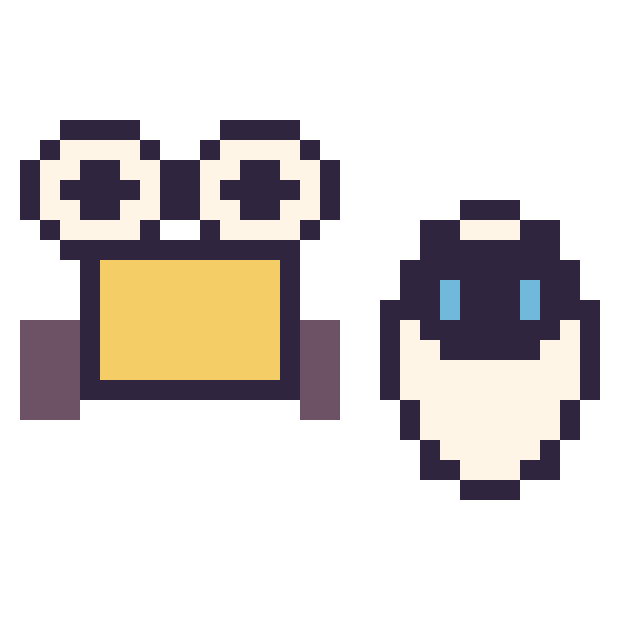 Modèle de pixel art Wall-E mini et EVE mini sur une grille de 32 par 32 cases