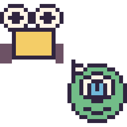 Pixel art Wall-E mini et Bob Razowski mini, grille 32 × 32