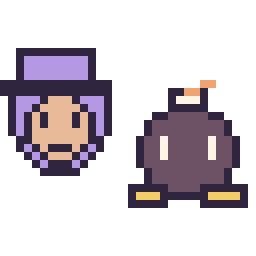 Pixel art Waluigi mini et Bob-omb mini, grille 32 × 32