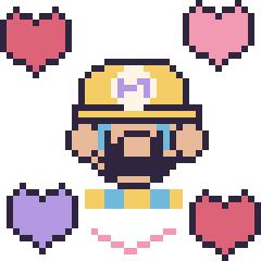 Pixel art Wario avec des cœurs, grille 40 × 40