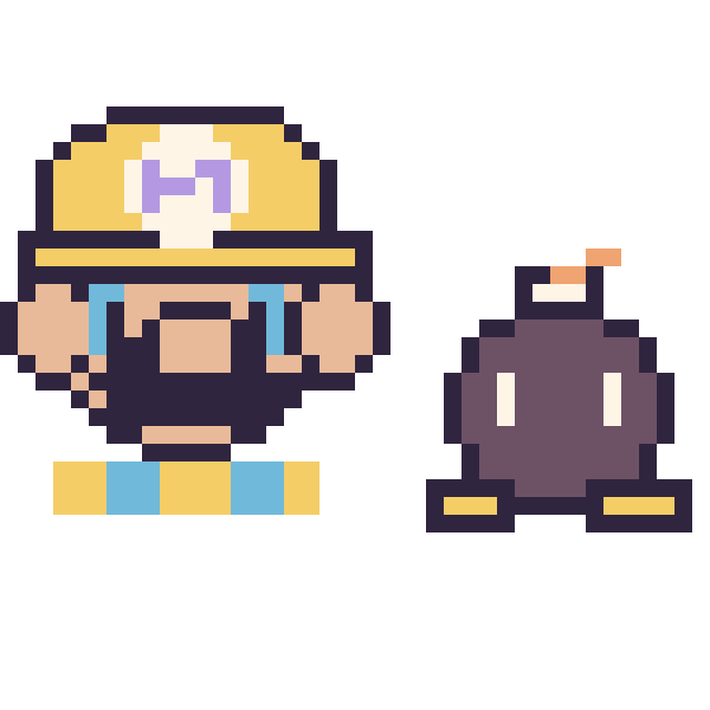Modèle de pixel art Wario et Bob-omb mini sur une grille de 40 par 40 cases