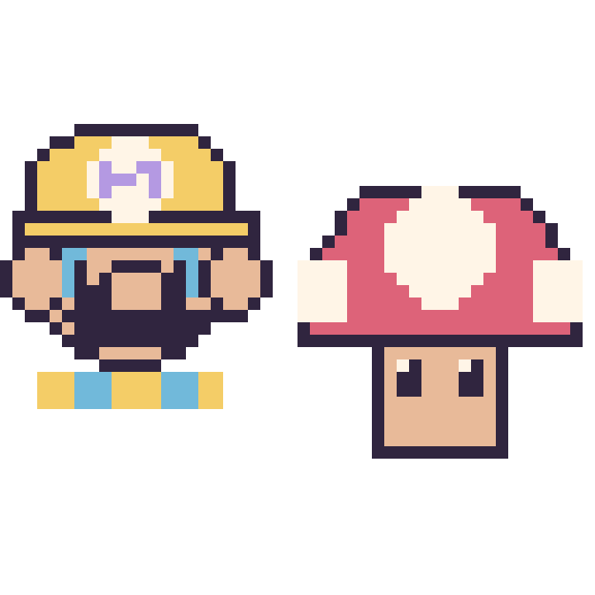 Modèle de pixel art Wario et Champignon Mario sur une grille de 48 par 48 cases