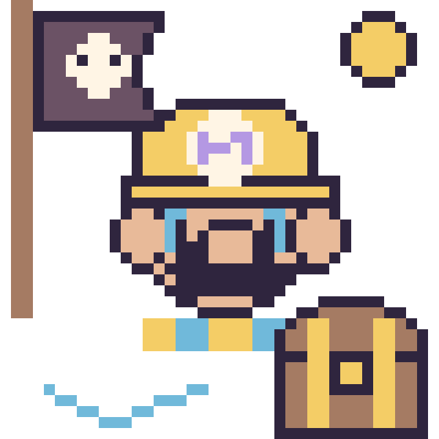Modèle de pixel art Wario en aventure pirate sur une grille de 40 par 40 cases