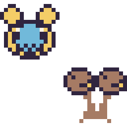 Pixel art Wattouat mini et Doduo mini, grille 32 × 32