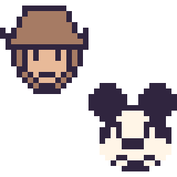 Pixel art Woody mini et Mickey mini, grille 32 × 32