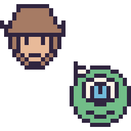 Pixel art Woody mini et Bob Razowski mini, grille 32 × 32