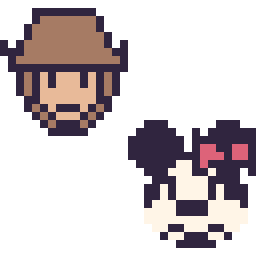 Pixel art Woody mini et Minnie mini, grille 32 × 32