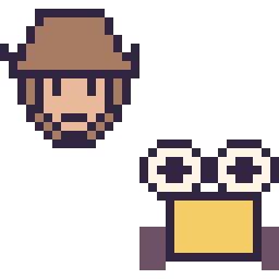 Pixel art Woody mini et Wall-E mini, grille 32 × 32