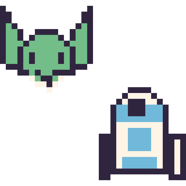 Modèle de pixel art Yoda mini et R2-D2 mini sur une grille de 32 par 32 cases